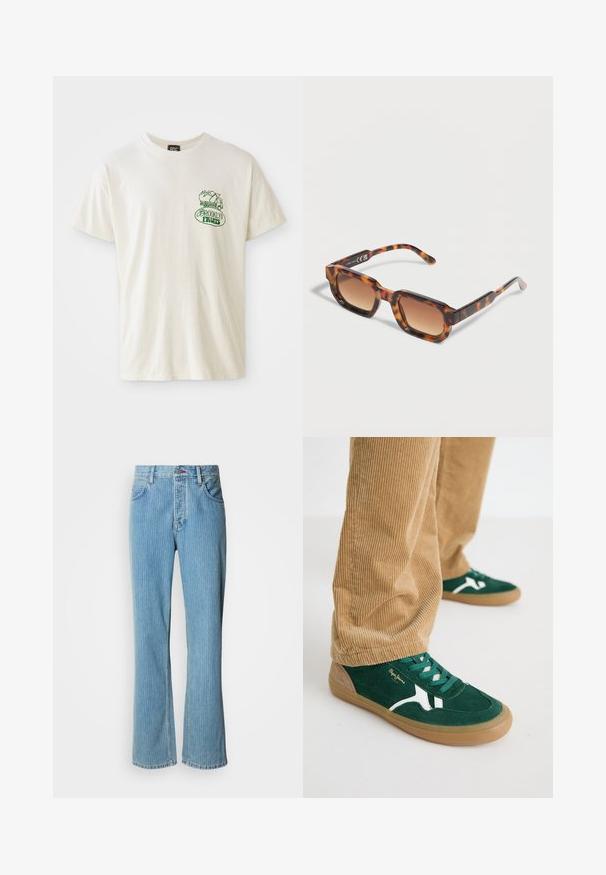Kortærmet cremet t-shirt lavet af bomuld. Har et grønt "Brooklyn Fruits"-grafik med en kurv fyldt med grøntsager og et lille lastbildesign.; Lyseblå denim flare jeans med høj talje, lodrette striber og fem-lomme-design med knaplukning foran.; Grønne svineder sko med hvide accenter og grønne snørebånd. Gummisål, rund tå og tan detaljer på hælen. Båret med fløjl bukser.; Rektangulære solbriller med skildpadde-mønster og gradientbrune linser, hvilende på en lys overflade.