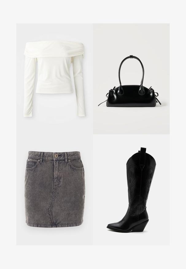 Off-shoulder langærmet top i crème hvid, lavet af glat stof med en tætsiddende silhuet og samlet detalje ved udskæringen.; Grå denimnederdel med lodret ribbet tekstur, der har en frontknaplukning, to sidelommer og en lige kant.; Sort læder cowboystøvle med spidst tåparti, skråt blokhælhæl, dekorative sømme og trækstropper øverst mod hvid baggrund.; Lille sort blank håndtaske med to lange håndtag og snøre-detaljer i siden på en ensfarvet lys baggrund.