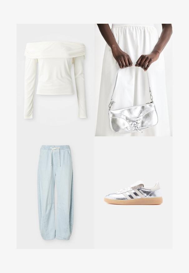 Off-shoulder langærmet top i crème hvid, lavet af glat stof med en tætsiddende silhuet og samlet detalje ved udskæringen.; Lyseblå og hvide lodrette stribede løstsiddende bukser med elastisk talje og hvid snøre, med sidelommer.; Sølvmetallic Adidas Spezial-sneaker med hvide striber og gummisål, vist fra venstre side på en ensartet hvid baggrund.; Sølvmetallic håndtaske med snøredetaljer, der har et slankt design og en kort strop. Tasken holdes i hænderne for at fremvise dens tekstur.