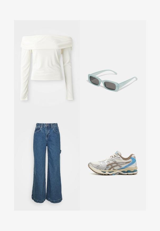 Blusa de manga larga con los hombros al descubierto en color blanco crema, hecha de una tela suave con un corte ajustado y detalle fruncido en el escote.; Jeans de denim de pierna ancha en azul medio, con cintura alta, bolsillos frontales y un dobladillo sin rematar en los tobillos para un ajuste casual y relajado.; Zapatilla de running blanca y beige con detalles azules, parte superior de malla, suela acolchada y diseño con cordones, mostrada desde el lado exterior.; Un par de gafas de sol rectangulares con montura translucida azul clara y lentes gris oscuro, que cuentan con patillas rectas y detalles de hardware mínimos.