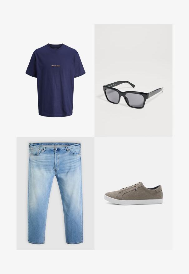 Marineblå bomulds t-shirt med rund hals og korte ærmer; "Originals Studio" broderet med kontrastfarvet tan tråd på brystet.; Lyseblå denimjeans med falmet detaljer, lukkes foran med knap og lynlås, bæltestropper og design med fem lommer.; Brune kanvas sneakers med rund tå, hvid gummisål og fem snørehuller. Har en lille tri-farvet detalje på siden.; Sorte rektangulære solbriller med mørke tonede linser og tykke stel, hvilende skråt på en ensfarvet lys grå overflade.