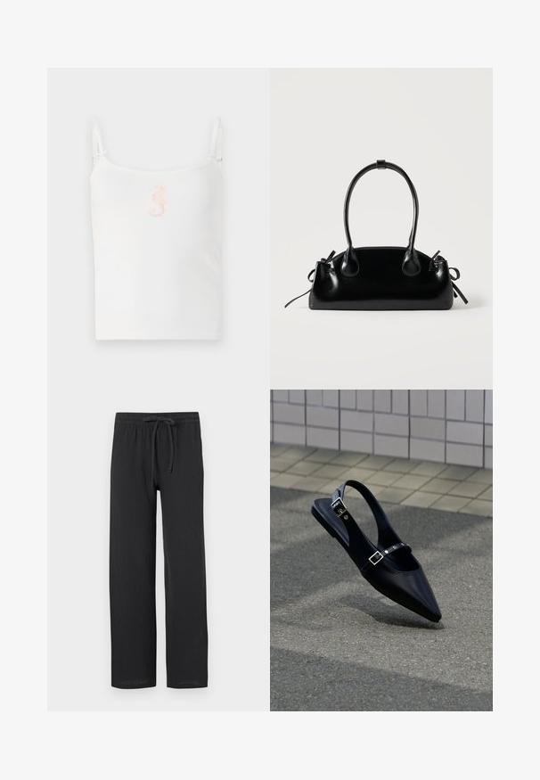 Hvid ribbet tanktop med tynde stropper, med et lille pink søhestedesign i midten. Glat tekstur, afslappet pasform.; Sorte bukser med en afslappet pasform, lavet af tekstureret stof, med elastisk talje og snøre til justerbar størrelse.; Sort flad slingback med spids tå og dobbelte spænder, hvilende på grå asfalt nær flisevæg.; Lille sort blank håndtaske med to lange håndtag og snøre-detaljer i siden på en ensfarvet lys baggrund.