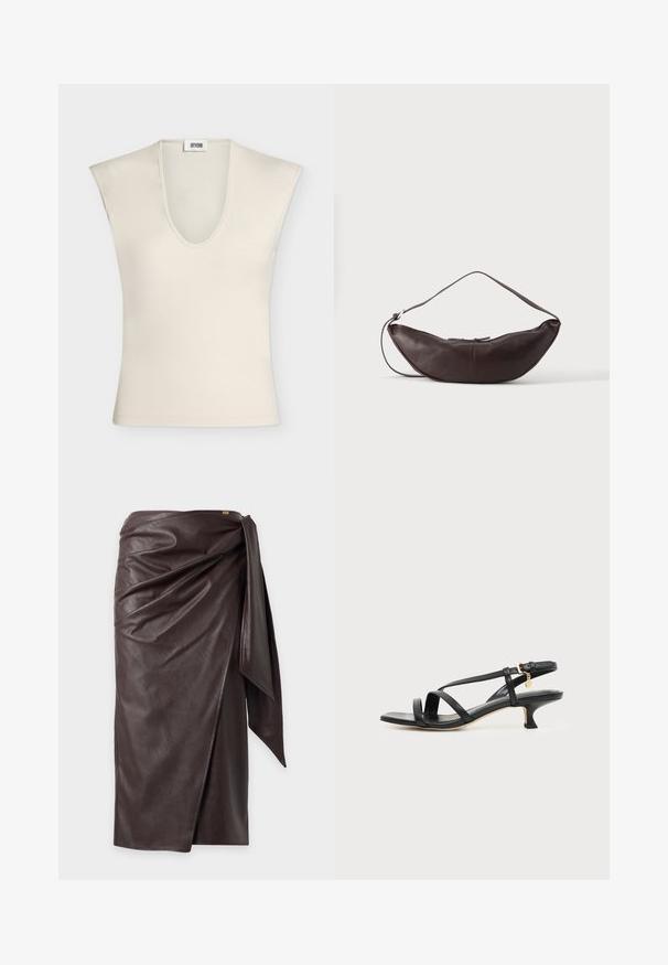 Haut beige sans manches avec un profond col en V et des épaules structurées, en tissu lisse, présenté sur un fond uni.; Jupe midi en simili-cuir brun foncé avec un design portefeuille et un détail de nouage drapé sur un côté, présentée sur un fond clair uni.; Sandale noire en cuir à brides fines, talon bas kitten, boucle à la cheville et petit pendentif doré sur fond clair uni.; Sac d'épaule en cuir marron foncé en forme de croissant avec une lanière courbée et des coutures visibles sur fond uni.