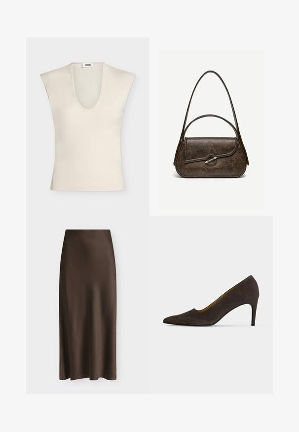 Haut beige sans manches avec un profond col en V et des épaules structurées, en tissu lisse, présenté sur un fond uni.; Jupe midi marron taille haute avec une texture satinée lisse, légèrement brillante et une coupe droite.; Chaussure à talons hauts brun foncé à bout pointu, finition lisse et talon fin sur un fond clair uni.; Sac à main en cuir brun foncé texturé avec deux anses, forme rectangulaire arrondie, et fermeture à bouton circulaire argenté sur le rabat avant.