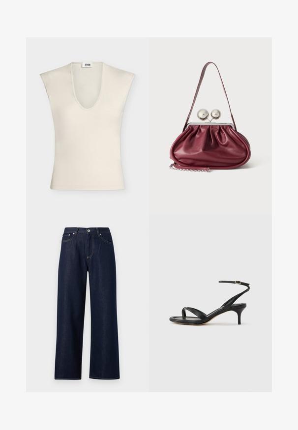 Haut beige sans manches avec un profond col en V et des épaules structurées, en tissu lisse, présenté sur un fond uni.; Jean large en denim bleu foncé avec bouton frontal, fermeture à glissière, passants pour ceinture, et coutures visibles jaunes sur les poches et les coutures.; Sandale pour femme en cuir noir avec fines lanières, une boucle d'orteil, une boucle à la cheville et un talon aiguille de hauteur moyenne sur un fond neutre.; Petit sac à main en cuir bordeaux avec des détails froncés, une fine bandoulière et une fermeture argentée comportant deux gros boutons ronds.