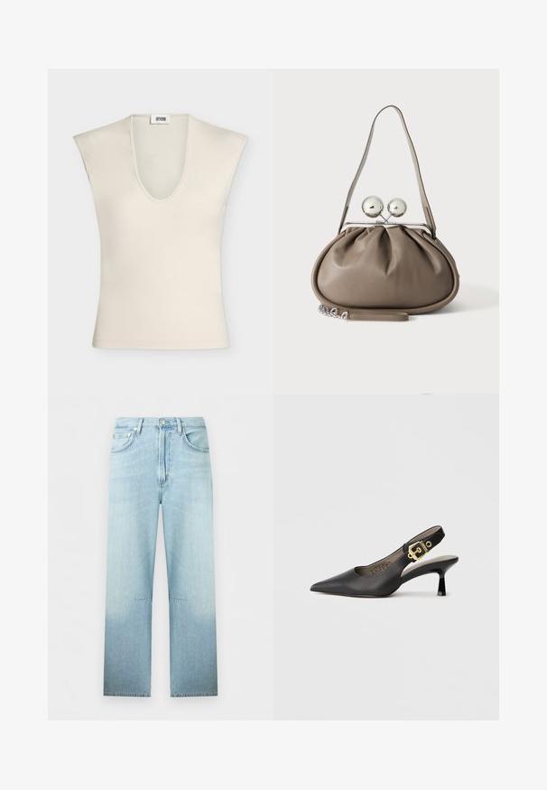 Haut beige sans manches avec un profond col en V et des épaules structurées, en tissu lisse, présenté sur un fond uni.; Jean en denim bleu clair à jambes droites, taille haute, bouton et fermeture éclair à l’avant, avec coutures visibles aux genoux.; Chaussure à talon haut noire à bride arrière, avec un bout pointu, une texture en cuir lisse et une accent de boucle dorée sur la bride.; Sac à main en cuir gris de forme arrondie, fermeture supérieure avec deux grandes sphères argentées, et une seule anse.