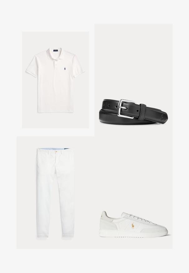 Weißes Polo Ralph Lauren Kurzarmhemd mit Kragen, Zweiknopfleiste und kleinem dunkelblau besticktem Pferdelogo auf der linken Brust.; Weiße Baumwoll-Chinos mit schmaler Passform, ausgestattet mit einem einzigen goldfarbenen Knopfverschluss und einem hellblauen inneren Bund. Glatte Textur ohne Muster.; Weißer Sneaker in niedriger Ausführung mit Schnürdesign, goldenem Polo Ralph Lauren Logo an der Seite und strukturierter Sohle auf einfarbigem Hintergrund.; Schwarzer Ledergürtel mit silberner rechteckiger Schnalle, aufgerollt auf weißem Hintergrund, mit dezent geprägt Logo an der Spitze.