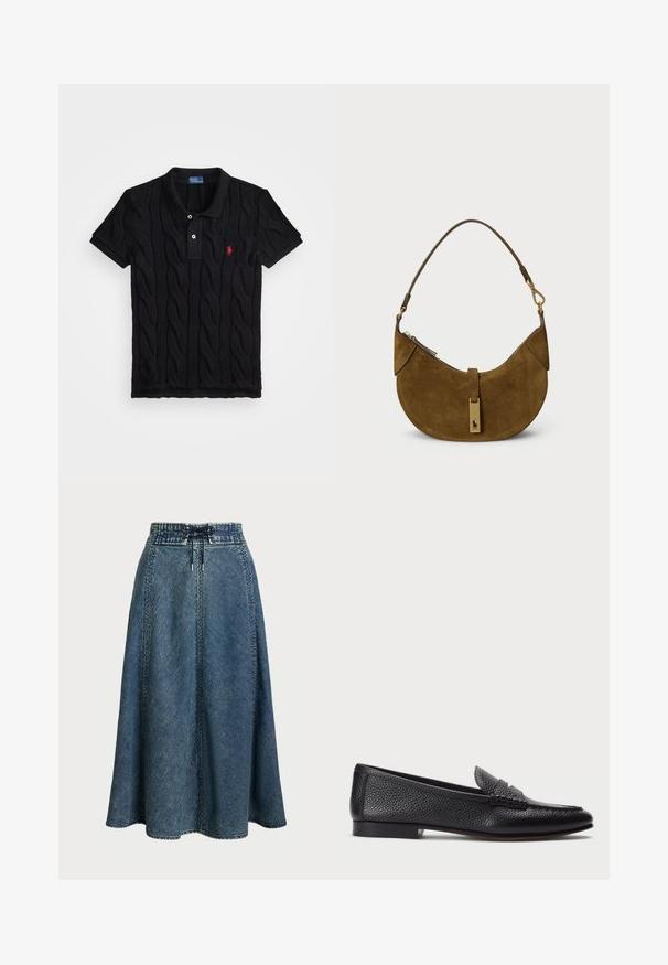 Sort strikket polo shirt med kabelmønster, kortærmet, og en kontrasterende sort krave. Har tre knapper og rødt logo-detalje.; Lauren Ralph Lauren DENIM DRAWCORD MIDI SKIRT - Denimnederdele - haze wash; Sorte læder loafers med struktureret finish, der har en dekorativ rem og flad hæl. Slank, minimalistisk design med rund tå.; Brun ruskinds håndtaske med en buet form, guldfarvet hardware og lynlås lukning. Har en kort, justerbar skulderrem.