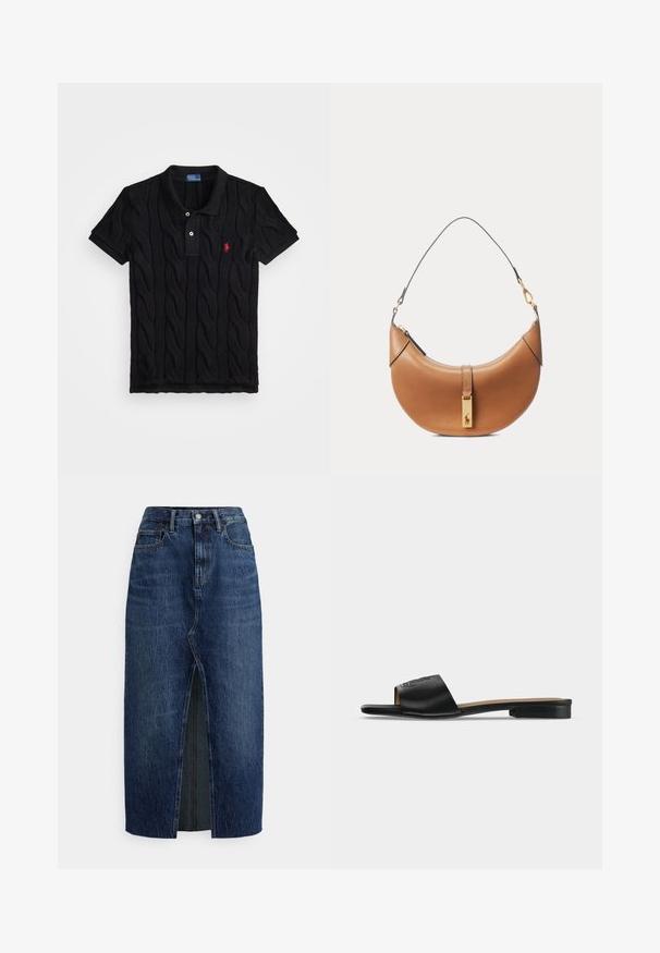 Sort strikket polo shirt med kabelmønster, kortærmet, og en kontrasterende sort krave. Har tre knapper og rødt logo-detalje.; Mørkeblå denim midinederdel med frontslids, bæltestropper, knaplukning og frontlommer, vist på en hvid baggrund.; Sort flad slip -på sandal med bredt læderrem med subtilt præget logo og lav hæl.; Brun lædertaske i halvmåneform med kort strop og guldfarvet rektangulært vedhæng med en hestelogo på frontlåsen.