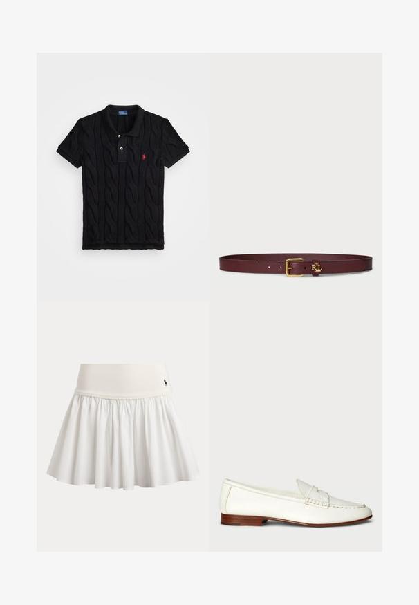 Sort strikket polo shirt med kabelmønster, kortærmet, og en kontrasterende sort krave. Har tre knapper og rødt logo-detalje.; Hvid plisseret tennisnederdel med bred linning og lille sort logo på højre side af linningen.; Hvide læder loafers med en struktureret overflade, rund tå og vævet detalje. Lavt træhæl og minimalistisk design.; Bordeaux læderbælte med en glat overflade, prydet med en guldtonet spænde og et logoakcent. Klassisk design med fem justeringshuller.
