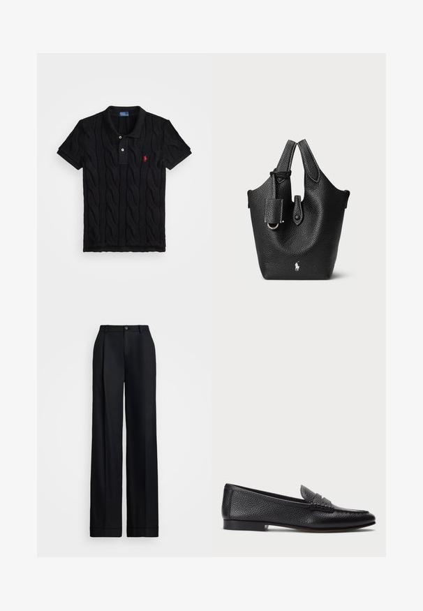 Sort strikket polo shirt med kabelmønster, kortærmet, og en kontrasterende sort krave. Har tre knapper og rødt logo-detalje.; Sorte brede bukser med en glat overflade, flad front, bæltesløjfer og en enkelt knaplukning i taljen.; Sorte læder loafers med struktureret finish, der har en dekorativ rem og flad hæl. Slank, minimalistisk design med rund tå.; Sort læder bucket taske med struktureret overflade, der har korte håndtag, en aftagelig rem og en sølvfarvet logo accent ved bunden.