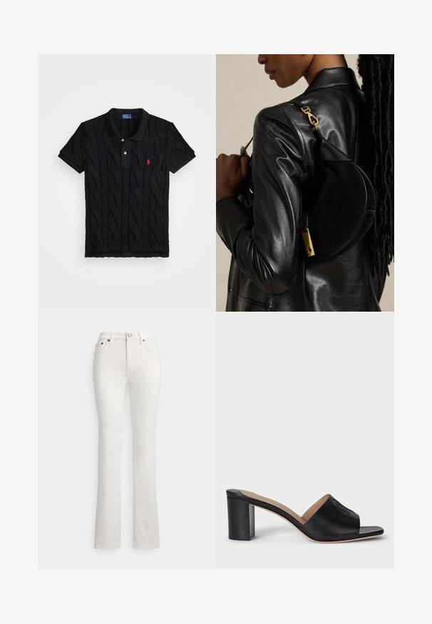 Polo negro de punto con patrón de trenzado, mangas cortas y un cuello negro en contraste. Presenta tres botones y un detalle del logo en rojo.; Vaqueros de tiro alto, de pierna recta blanca, con bolsillos delanteros, trabillas para cinturón y cierre de botón metálico.; Sandalias de tacón bloque en piel negra con punta abierta y detalle de logo en relieve. Acabado suave con un diseño estructurado para mayor estabilidad.; Persona con chaqueta de cuero negra lleva un bolso negro en forma de media luna con cierre dorado colgado del hombro sobre fondo liso.