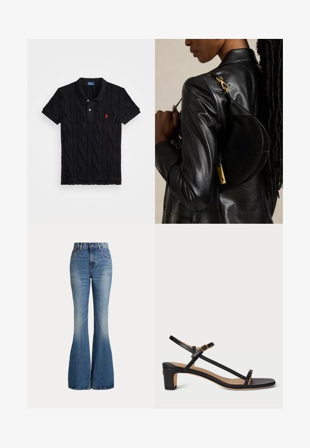 Polo negro de punto con patrón de trenzado, mangas cortas y un cuello negro en contraste. Presenta tres botones y un detalle del logo en rojo.; Vaqueros de mezclilla azul de talle alto con piernas acampanadas y ligero desgaste en la zona delantera del muslo, mostrados sobre fondo blanco.; Sandalia de tacón negro de cuero con punta abierta, correas delgadas, hebilla ajustable en el tobillo y tacón cuadrado. Textura suave.; Persona con chaqueta de cuero negra lleva un bolso negro en forma de media luna con cierre dorado colgado del hombro sobre fondo liso.