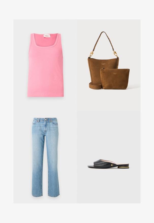 Débardeur rose côtelé avec un col en U, des bretelles étroites et un petit logo dans une teinte plus claire sur le côté inférieur.; RE/DONE THE SANASA - Jean boyfriend - media noche; Sandale à glissière en cuir noir avec bout ouvert, petit talon et détail accent doré sur le côté. Texture lisse et design minimaliste.; Sac seau en daim marron avec bandoulière détachable et petite pochette zippée assortie, tous deux munis de ferrures dorées et d'un logo subtil de la marque.