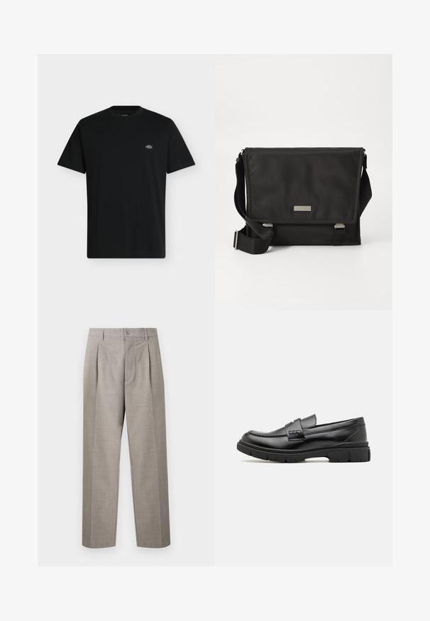 T-shirt noir à manches courtes avec col rond, avec un petit patch logo rectangulaire sur la partie supérieure gauche de la poitrine.; Pantalon droit de costume gris clair avec plis, passants pour ceinture, fermeture par bouton et braguette à glissière, présenté sur un fond uni.; Mocassin en cuir noir avec une large sangle sur le devant, semelle en caoutchouc à épaisse rainure, et texture lisse. Design classique et élégant.; Sac messager noir en nylon avec une finition mate. Il dispose d'une fermeture à rabat, d'une sangle réglable et d'une petite plaque en métal avec logo.