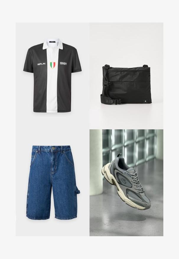 Sort-hvid kortærmet polo skjorte med krave, der har "REPLAY" logo, "981" nummer og italiensk flag emblem på forsiden.; Denim shorts i en mellemblå farve, med høj talje, to forlommer og en sidelomme med strop. Glat tekstur, afslappet design.; Grå og hvide sneakers med mesh og læderpaneler, svævende over en poleret betongulv nær en væg af glasblokke.; Sort nylon messenger-taske med justerbar rem, fladt design og et sideetiket med et logo. Glat tekstur og minimalistisk stil.