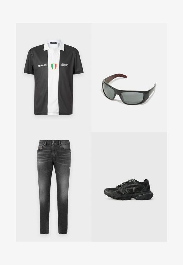 Mustvalge lühikeste varrukatega polo särgiga, millel on krae, esiküljel "REPLAY" logo, number "981" ja Itaalia lipu emblem.; Hallid teksapüksid slim-fit kärbega, millel on kerged kulumised, hõrenenud detailid ja traditsiooniline nööpkinnitus.; Mustad mustus jooksujalats, millel on võrkmaterjalist ülemine osa, tekstureeritud detailid ja pehmendusega krae. Sidumisdisain koos paksu kummist tallaga toetuse jaoks.; Arnette HOT SHOT - Päikeseprillid - dark grey