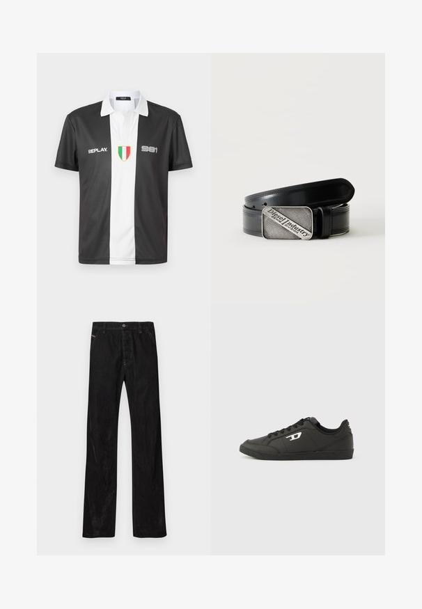 Polo de manga corta en blanco y negro con cuello, que presenta el logo "REPLAY", el número "981" y un emblema de la bandera italiana en la parte frontal.; Pantalones de pana negros con un diseño de pierna recta, con cierre de botón, branding sutil y dos bolsillos frontales. Textura suave y color sólido.; Zapatillas deportivas negras sintéticas con suela negra texturizada, puntera redonda y cordones planos negros. Destaca un logo blanco en el lateral exterior.; Cinturón de cuero negro con hebilla rectangular plateada que presenta el texto grabado "Diesel Industry Denim Division" sobre un fondo claro a rayas.