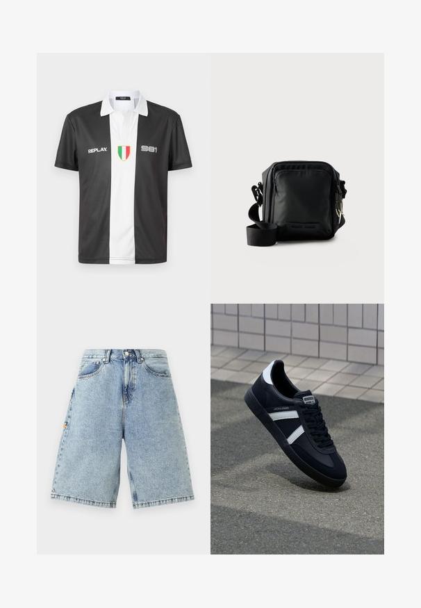 Sort-hvid kortærmet polo skjorte med krave, der har "REPLAY" logo, "981" nummer og italiensk flag emblem på forsiden.; Blå denim shorts med høj talje, løs pasform, fem lommer og synlige sy-detaljer. Glat tekstur med en lys vaskefinish.; Sort lædersneaker med hvide striber, tekstureret gummisål og snørrebånd foran. Har et brandet mærke på tungen.; Sort kompakt crossbody taske med front lynlåslomme, justerbar rem og tekstureret stof mod en ensfarvet baggrund.