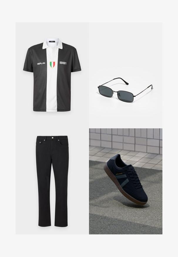 Polo de manga corta en blanco y negro con cuello, que presenta el logo "REPLAY", el número "981" y un emblema de la bandera italiana en la parte frontal.; Jeans de mezclilla negra con un diseño de pierna recta, que cuentan con cinco bolsillos y herrajes plateados con una textura suave. Sin patrones ni acentos.; Zapatilla negra con superficie texturizada, franjas verde oscuro y suela de goma marrón. Presenta cordones y una marca en el lateral.; Gafas de sol rectangulares negras con marco delgado de metal y lentes oscuros apoyadas sobre una superficie blanca.