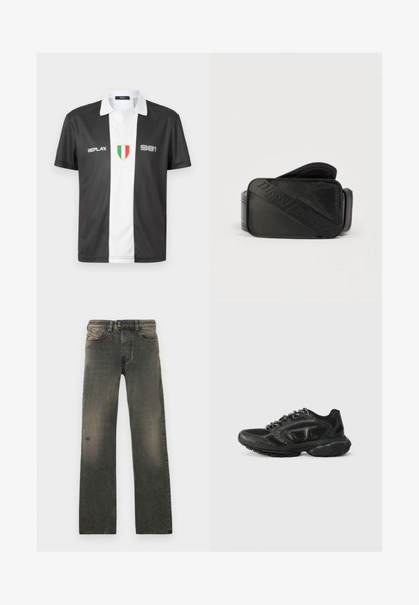 Schwarz-weißer Kurzarm-Polohemd mit Kragen, versehen mit "REPLAY"-Logo, der Nummer "981" und dem Emblem der italienischen Flagge auf der Vorderseite.; Graue Denim-Jeans mit entspannter Passform, ausgestattet mit einem Knopfverschluss, dezentem Verblassen und Abnutzungen in der Nähe des Knies. Fünf-Taschen-Design.; Schwarze Sport Sneaker mit einem Obermaterial aus Mesh, strukturierten Akzenten und gepolstertem Kragen. Schnürdesign mit einer dicken Gummisohle für Unterstützung.; Schwarzer Gürtel mit strukturiertem Design und einem markanten, eingeprägten Logo. Das Material wirkt glatt mit einem lederähnlichen Finish.