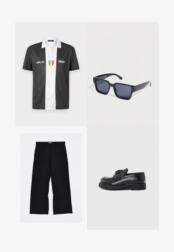 Zwart-witte polo met korte mouwen en kraag, met het "REPLAY" logo, het nummer "981" en het Italiaanse vlagembleem op de voorkant.; Zwarte broek met krijtstreep, gemaakt van een gladde, lichte stof. Heeft een wijd uitlopende broekspijp in volledige lengte en steekzakken aan de voorkant.; Zwarte leren loafer met kwastjes, dikke rubberen zool en lage hak, zijaanzicht op een effen achtergrond.; Zwarte rechthoekige zonnebril met donker getinte glazen en dikke monturen, rustend op een wit oppervlak.