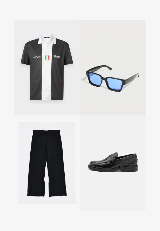 Schwarz-weißer Kurzarm-Polohemd mit Kragen, versehen mit "REPLAY"-Logo, der Nummer "981" und dem Emblem der italienischen Flagge auf der Vorderseite.; Schwarze Nadelstreifenhose aus glattem, leichtem Stoff. Verfügt über ein durchgehendes, weit geschnittenes Bein und Vorderseitentaschen.; Schwarze Lederloafers mit glatter Oberfläche, abgerundetem Zehenbereich, niedrigem Absatz und dekorativer Naht entlang der Vorderseite. Gummisohle für guten Halt.; Schwarze rechteckige Sonnenbrille mit blau getönten Gläsern, seitliche Ansicht auf weißem Hintergrund.
