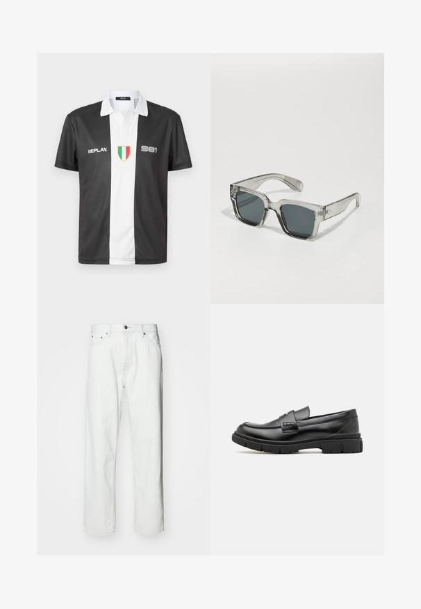Zwart-witte polo met korte mouwen en kraag, met het "REPLAY" logo, het nummer "981" en het Italiaanse vlagembleem op de voorkant.; Witte denim jeans met een rechte snit, vijf-pocket ontwerp, knoopsluiting en subtiele stikseldetails. Gladde textuur en minimalistische stijl.; Zwarte leren instapper met een brede band over de voet, rubberen zool met dikke noppen en een gladde textuur. Klassiek, strak ontwerp.; Duidelijke, oversized zonnebril met donkere lenzen, met een chunky rechthoekig montuur en getextureerde accents op de pootjes. Gemaakt van transparant plastic.