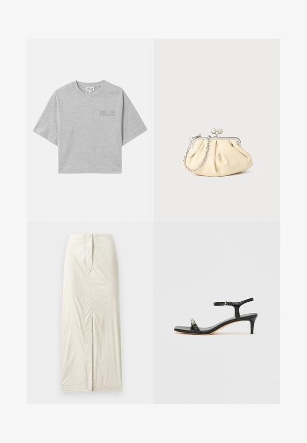 Grå cropped t-shirt med korte ærmer, lavet af blød bomuld. Har et subtilt præget logo på forsiden og en rund halsudskæring.; Lys beige, knælang nederdel lavet af glat, tekstureret stof. Har en frontslids og en knaplukning i taljen.; Sort læder sandal med hæl og ankelrem, åben tå, firkantet front og sølvfarvede metalaccenter. Figurformet design med en slank profil.; Plisseret beige læderclutch med en sølvmetalramme, der har to runde dekorative låse og en sølvkædetrasporte.