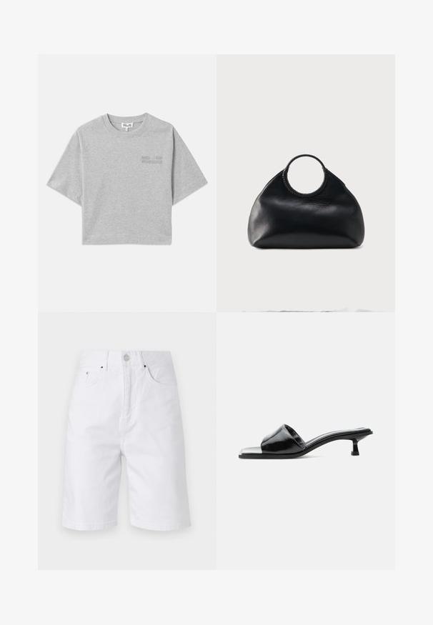 Grijze cropped t-shirt met korte mouwen, gemaakt van zachte katoen. Heeft een subtiele reliëflogo aan de voorkant en een ronde halslijn.; Vanessa Bruno CEDRIC - Jeansshort - blanc; Zwarte lakleren mule met open teen, een lage kittenhak en een brede band over de tenen, afgebeeld in zijprofiel tegen een effen achtergrond.; Zwarte leren handtas met afgeronde vorm en een cirkelvormig bovenhandvat omwikkeld met bijpassend leren stiksel.
