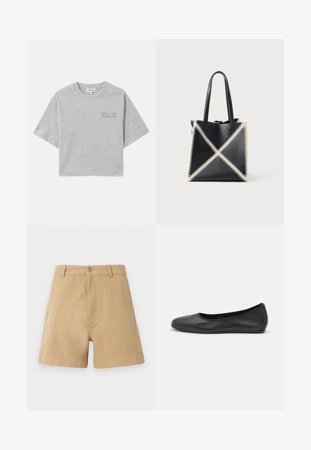 Grijze cropped t-shirt met korte mouwen, gemaakt van zachte katoen. Heeft een subtiele reliëflogo aan de voorkant en een ronde halslijn.; Beige katoenen shorts met een klassiek ontwerp, voorzien van een sluiting met een voorknop en riemlussen. Glad van textuur met zijzakken.; Zwarte leren ballerina met een ronde neus, gladde textuur, minimale stikdetails en een flexibele zoolontwerp.; Zwarte leren draagtas met crèmekleurige stiksels in een X-patroon. Voorzien van twee zwarte handvatten en een ongestructureerde vorm.