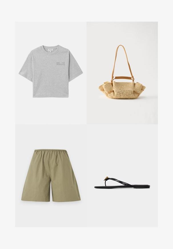 Grijze cropped t-shirt met korte mouwen, gemaakt van zachte katoen. Heeft een subtiele reliëflogo aan de voorkant en een ronde halslijn.; Kaki-kleurige knielange shorts met een elastische tailleband, gemaakt van lichtgewicht stof, afgebeeld tegen een effen witte achtergrond.; Zwarte platte teensandaal met meerdere dunne bandjes en een kleine gouden druppelvormige decoratie op het voorste bandje.; Geweven beige handtas met een lange dunne riem en geplooide zijkanten, met een korte handgreep omwikkeld met leer voor draagopties.