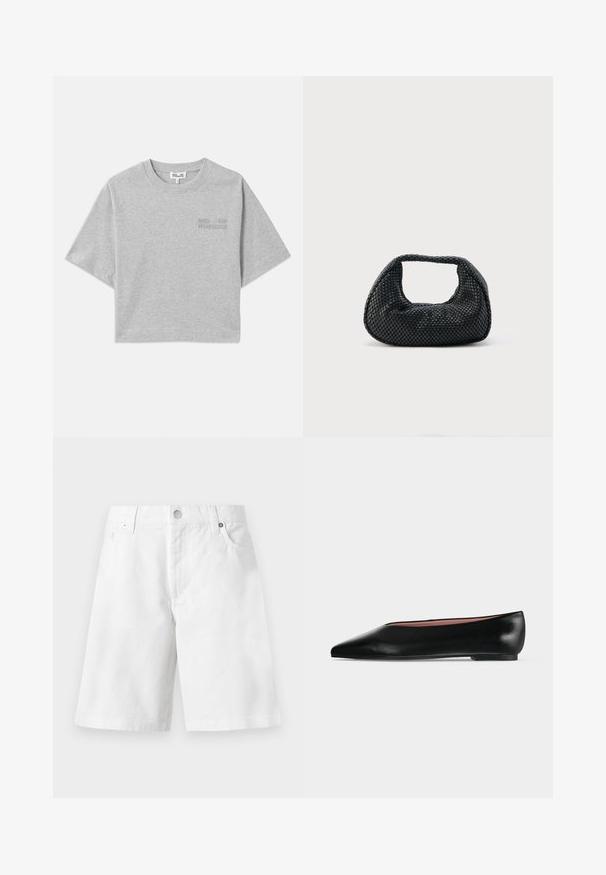 Grå cropped t-shirt med korte ærmer, lavet af blød bomuld. Har et subtilt præget logo på forsiden og en rund halsudskæring.; Hvide denimshorts med bæltestropper, forreste knap, lynlås og to forlommer vist på en ensfarvet baggrund.; Sort damesko i læder med flad hæl og spids tå, vist fra siden på en ensfarvet lys grå baggrund.; Sort flettet hobo-taske med blød struktur og integreret håndtag, vist på en ensfarvet lys baggrund.