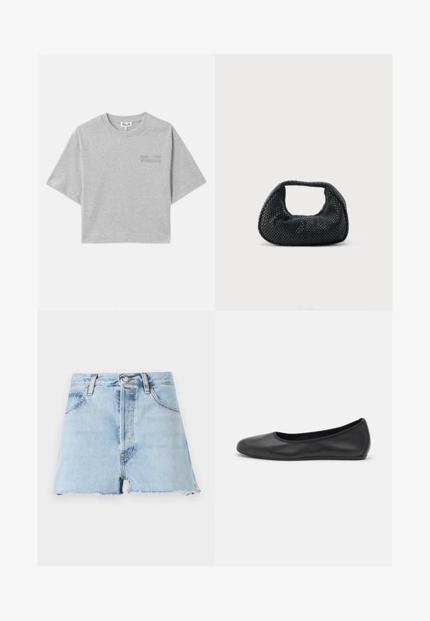 Graues, kurz geschnittenes T-Shirt mit kurzen Ärmeln, aus weicher Baumwolle. Verfügt über ein dezentes geprägtes Logo auf der Vorderseite und einen runden Halsausschnitt.; FRAME THE DARE - Jeans Shorts - light blue; Schwarze Leder-Ballettschuhe mit abgerundeter Spitze, glatter Textur, minimalen Nähdetails und einem flexiblen Sohlen-Design.; Schwarze gewebte Hobo-Tasche mit weicher Struktur und integriertem Griff, dargestellt vor einem schlichten hellen Hintergrund.