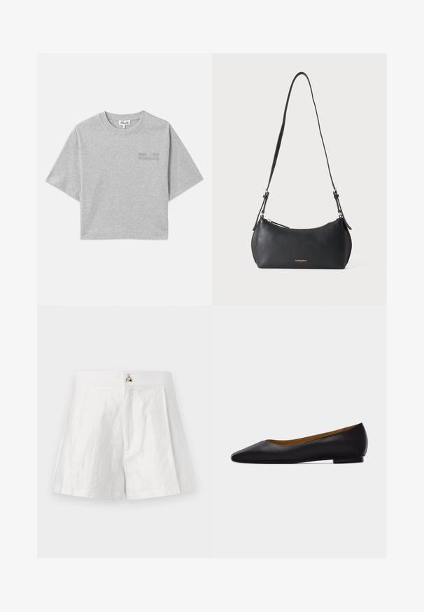 Grijze cropped t-shirt met korte mouwen, gemaakt van zachte katoen. Heeft een subtiele reliëflogo aan de voorkant en een ronde halslijn.; Witte linnen shorts met een platte tailleband, geplooide voorkant en een metalen logo-accent in het midden van de voorkant.; Zwarte leren puntschoen met lage hak en gladde afwerking, zijaanzicht op een lichtgrijze achtergrond.; Kleine zwarte leren schoudertas met verstelbare band en gouden rits, met subtiele gouden merktekst aan de voorkant.