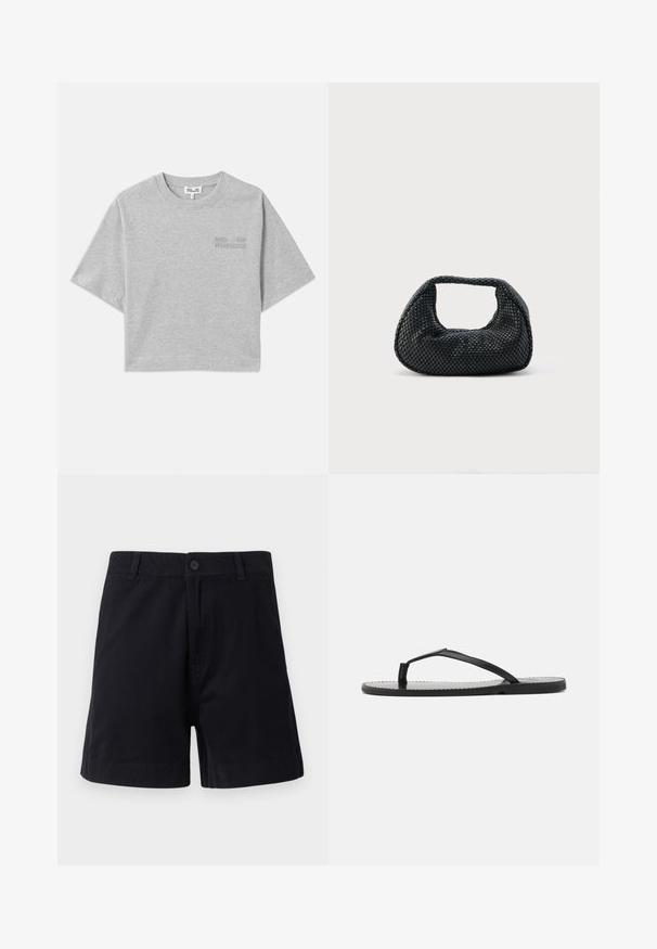 Graues, kurz geschnittenes T-Shirt mit kurzen Ärmeln, aus weicher Baumwolle. Verfügt über ein dezentes geprägtes Logo auf der Vorderseite und einen runden Halsausschnitt.; Dunkelblaue Baumwollshorts mit Knopfverschluss, seitlichen Taschen und geradem Schnitt, mit glatter Textur und einfachem Design.; Schwarze Flip-Flops mit minimalistischer Gestaltung, ausgestattet mit dünnen Riemen und einer flachen Sohle. Das Material wirkt plastisch mit einer glatten Oberfläche.; Schwarze gewebte Hobo-Tasche mit weicher Struktur und integriertem Griff, dargestellt vor einem schlichten hellen Hintergrund.