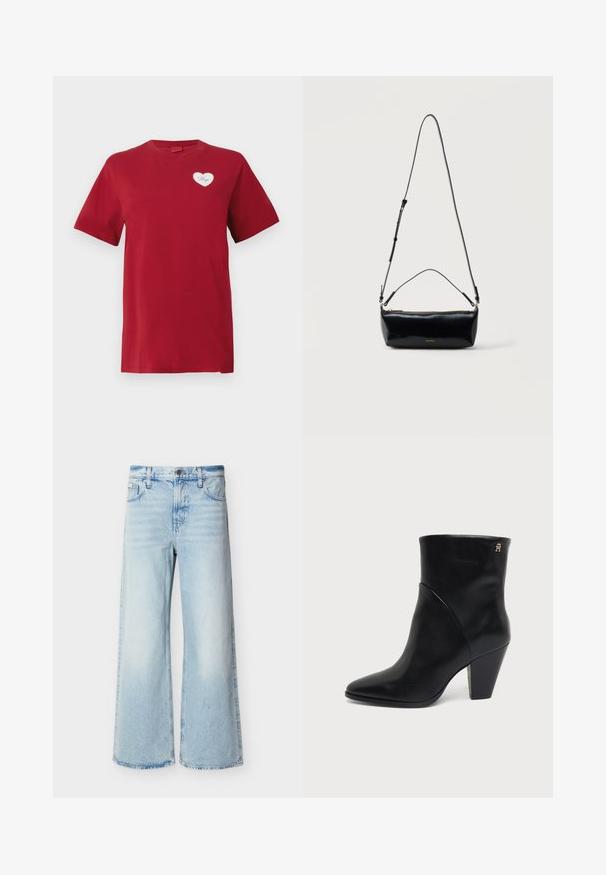 Rode T-shirt met korte mouwen en een klein wit hartlabel op de linkerborst met het woord "Hugo."; Lichtblauwe jeans met hoge taille en wijde pijpen, voorzien van voorzakken, riemlussen en een knoopsluiting.; Zwarte leren enkellaars met puntige neus, blokhak en klein gouden logo nabij de bovenzijde aan de buitenkant.; Zwarte rechthoekige leren crossbodytas met verstelbare schouderriem, bovenrits en klein gouden Calvin Klein-logo aan de voorkant.