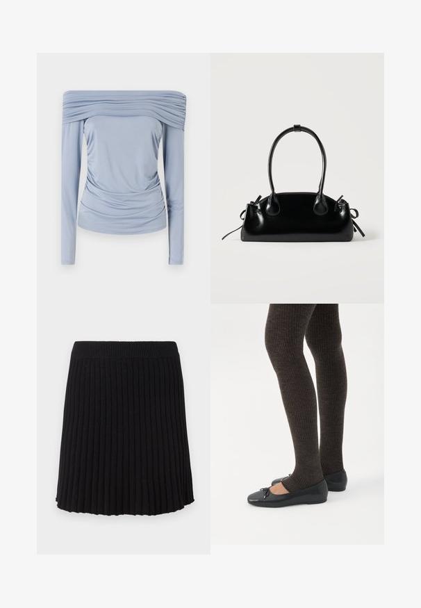 Top azul claro sin hombros, hecho de una tela suave, con detalles fruncidos alrededor del escote y la cintura, y mangas largas.; Falda de punto negra con canalé y una cinturilla ancha, que presenta pliegues verticales y un dobladillo acampanado. Textura uniforme en toda la prenda.; Piernas con leggings oscuros acanalados combinados con bailarinas negras que presentan pequeños detalles de lazo sobre un fondo blanco.; Pequeño bolso negro brillante con dos asas largas y detalles de cordón lateral sobre un fondo claro liso.