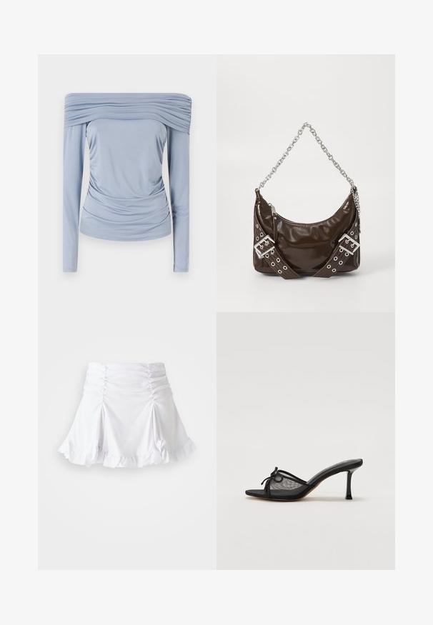 Lyseblå off-shoulder top lavet af glat stof, med samlet detaljering omkring halsen og taljen, samt lange ærmer.; Hvid nederdel lavet af tekstureret stof med rynkedetaljer og bølger. Har en udvidet design med en tætsiddende talje.; Sort hællet mule med netoverdel, tynde stropper og en dekorativ knude. Har en slank, spids hæl og en struktureret indersål.; Mørkebrunt patentlæder håndtaske med sølv kæderekke, dekorerede dobbelte spænder og lynlås lukning.