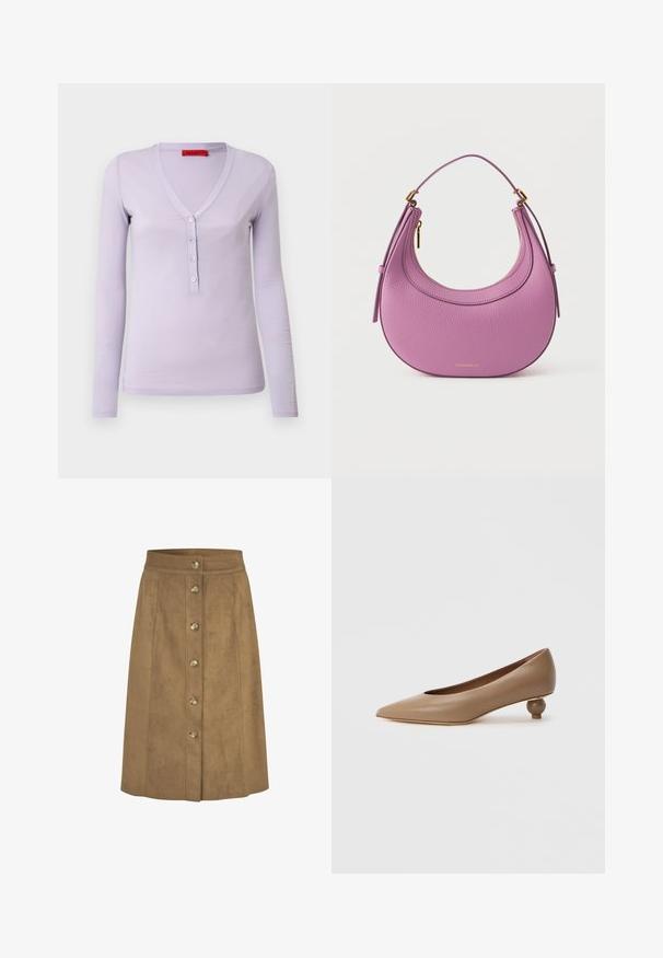 Top de manga larga lila con escote en V, que cuenta con una botonera de cinco botones y una tela suave y ligera. Diseño simple y ajustado.; Falda en línea A de ante marrón con cierre frontal de botones, con cinco botones redondos y detalles de costuras. Textura suave, diseño hasta la rodilla.; Zapato de salón de punta cuadrada en cuero liso color marrón claro. Presenta un tacón bajo redondeado con forma esférica. Diseño minimalista, sin adornos visibles.; Bolso de mano de cuero morado con diseño curvado, asa superior única y detalles en hardware dorado. Acabado texturizado con cierre de cremallera.