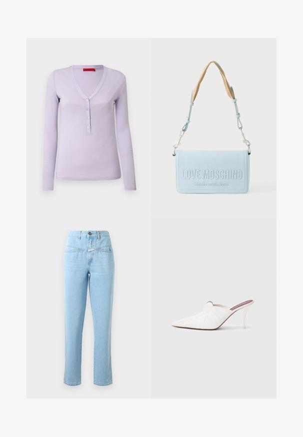 Top de manga larga lila con escote en V, que cuenta con una botonera de cinco botones y una tela suave y ligera. Diseño simple y ajustado.; Jeans de mezclilla de tiro alto en azul claro, con bolsillos frontales, cierre de botón y cremallera, y corte recto.; Mules blancos con punta afilada, textura plisada en la parte superior y un tacón de aguja delgado. Superficie lisa y diseño minimalista.; Bolso rectangular azul claro con asa ajustable beige y "LOVE MOSCHINO Made with love" en relieve en la solapa delantera.