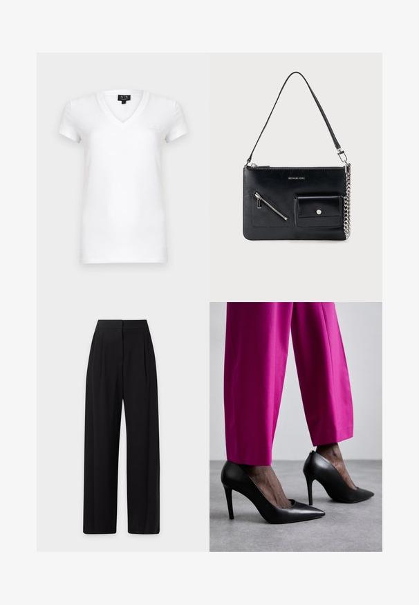 T-shirt blanc à col en V en coton avec manches courtes, présentant un petit logo sur le côté gauche de la poitrine. Texture de tissu lisse.; Pantalon noir taille haute à larges jambes, sur mesure, avec un pli à l'avant et des poches latérales, sur un fond uni clair.; Chaussures à talons hauts noires avec un design à bout pointu et une texture en cuir lisse. Associées à des pantalons ajustés rose vif.; Sac à bandoulière en cuir noir Michael Kors avec fermeture éclair supérieure, poche avant zippée en diagonale, poche à rabat avec bouton-pression et détail en chaîne argentée.