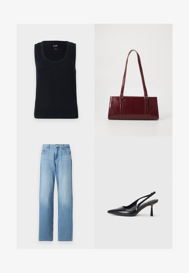 Sort ribbet tanktop med rund halsudskæring, ærmeløs design og tætsiddende silhuet. Mærket er vist i den øverste midte.; Lyseblå straight-leg denimjeans med frontknap og lynlås, bæltestropper samt lommer foran og bagpå.; Sort læderslagback højhælet sko med spids tå og slank hæl på en hvid baggrund.; Bordeaux håndtaske lavet af glansfuldt materiale, rektangulær form, med to skulderremme og subtile buede detaljer på forsiden.
