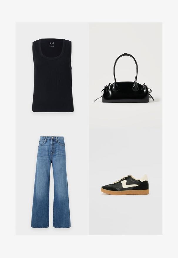 Sort ribbet tanktop med rund halsudskæring, ærmeløs design og tætsiddende silhuet. Mærket er vist i den øverste midte.; Blå højtaljede vidde jeans med knap- og lynlåslukning, forlommer og diskret fading på stoffet.; Sorte ruskinds- og lædersneakers med en cremefarvet side-swoosh og lys cremefarvet hæl. Har beige snørebånd og en gummirubber-sål.; Lille sort blank håndtaske med to lange håndtag og snøre-detaljer i siden på en ensfarvet lys baggrund.