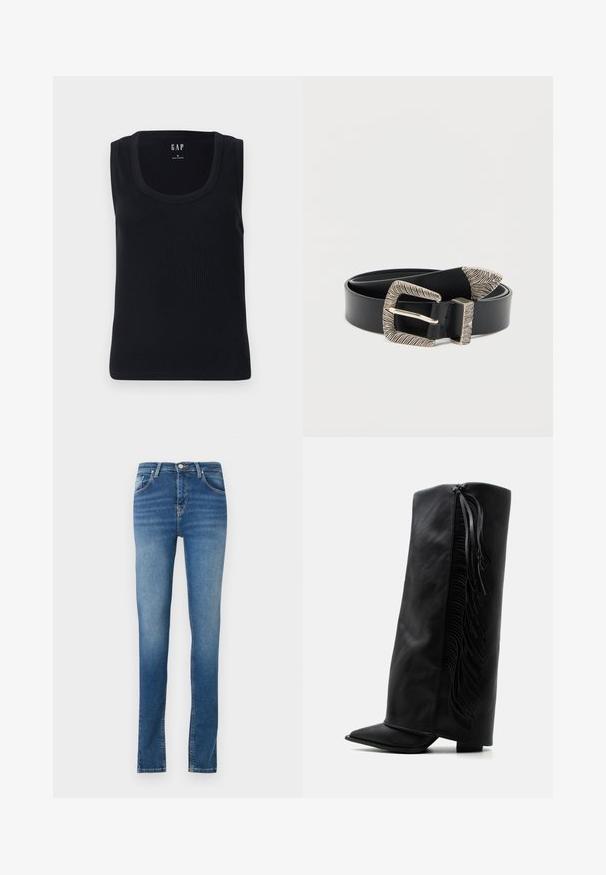 Sort ribbet tanktop med rund halsudskæring, ærmeløs design og tætsiddende silhuet. Mærket er vist i den øverste midte.; Fadede blå denim jeans med lige pasform. Har en knap- og lynlåslukning, fem lommer og minimale syninger.; Sort læder knæhøj støvle med spids tå og dekorativ frynse langs ydersiden mod en ensartet hvid baggrund.; Sort læderbælte med et struktureret sølvspænde med et lineært mønster og spids ende, designet til lukning og justering.