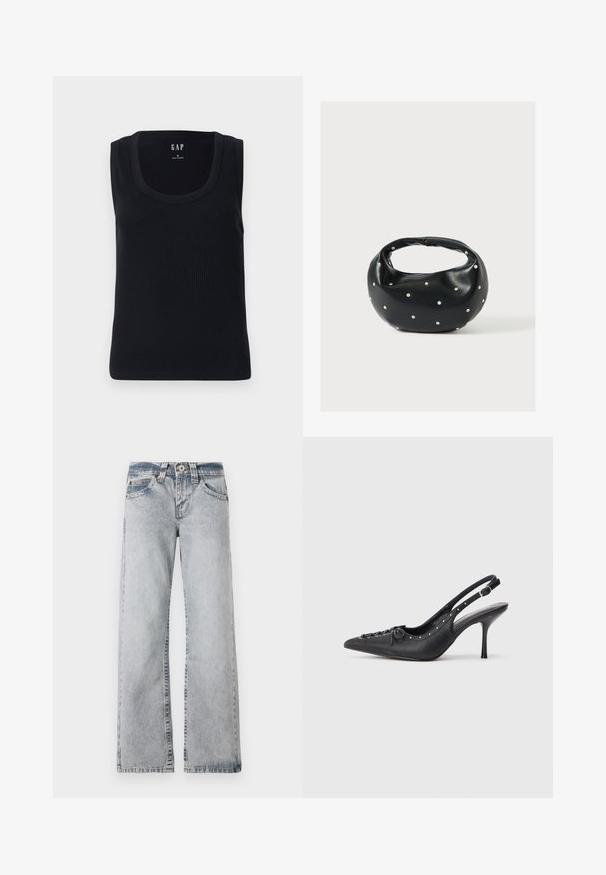 Sort ribbet tanktop med rund halsudskæring, ærmeløs design og tætsiddende silhuet. Mærket er vist i den øverste midte.; Lyseblå denimjeans med vid benlængde. Standard talje, fem lomme-stil og synlige syninger langs sømmene.; Sorte læder slingback stiletto med spids tå, side spændebånd, nitter langs kanten og dekorativ snøring foran.; Sort læderhåndtaske med en rundet form, dekoreret med sølvnitter, og et kort håndtag. Glat tekstur og lynlåslukning.