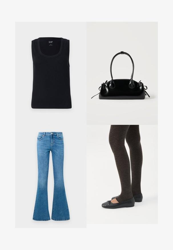 Sort ribbet tanktop med rund halsudskæring, ærmeløs design og tætsiddende silhuet. Mærket er vist i den øverste midte.; Blå denim flared jeans med mellemhøj talje, der har fem lommer, en standard knaplukning og let falmning for struktur.; Ben iført mørke ribbede leggings kombineret med sorte balletsko med små sløjfedetaljer på hvid baggrund.; Lille sort blank håndtaske med to lange håndtag og snøre-detaljer i siden på en ensfarvet lys baggrund.