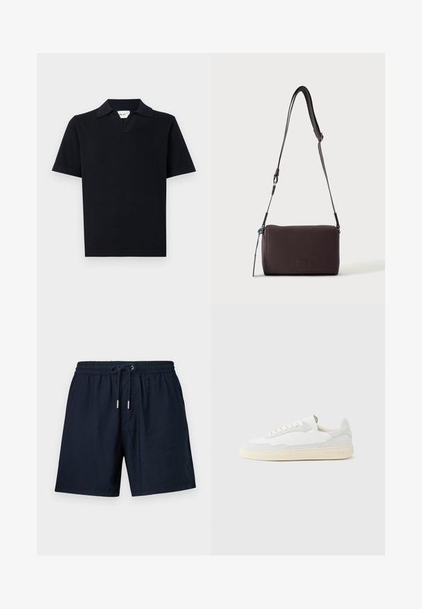 Zwarte polo met korte mouwen, gemaakt van een gladde stof, met een klassieke kraag en een subtiele V-halsontwerp met een rechte zoom.; Marineblauwe shorts van lichtgewicht stof, met een elastische tailleband met een trekkoord en zilveren metalen aglets, en zijzakken.; Witte sneaker met een bovenwerk van gestructureerd suède en leer. Voorzien van een afgeronde neus, vetersluiting en een contrasterende beige rubberen zool.; Donkerbruine gestructureerde leren crossbodytas met verstelbare riem en klein decoratief blauw accent aan de zijkant.