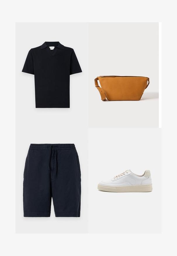 Zwarte polo met korte mouwen, gemaakt van een gladde stof, met een klassieke kraag en een subtiele V-halsontwerp met een rechte zoom.; Marine linnen shorts met een elastische tailleband en aansnoerkoord, met een relaxte pasvorm en een licht gestructureerd oppervlak.; Witte sneaker met een gevoerd leren bovenwerk, beige veters en een gestructureerde beige suede hieltab. Verhoogde zool voor extra hoogte.; Lichtbruine leren crossbodytas met verstelbare band en ritssluiting, getoond tegen een effen lichte achtergrond.