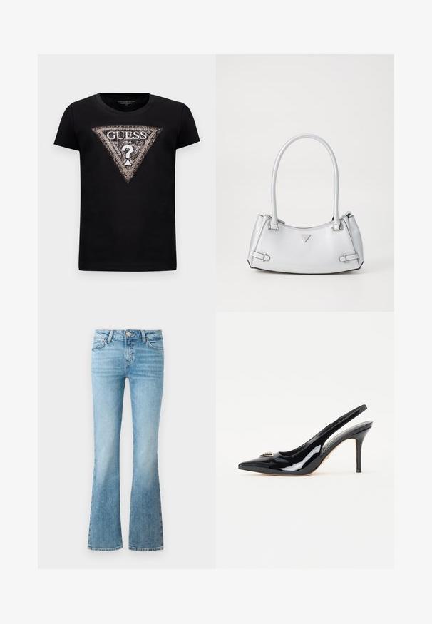 T-shirt noir à manches courtes avec un grand logo en paillettes en forme de triangle arborant "GUESS U.S.A." et un point d'interrogation central.; Jean flare en denim bleu clair avec poches avant, passants de ceinture et fermeture à bouton.; Escarpins à talons slingback en cuir verni noir avec un bout pointu, un talon aiguille élancé et un ornement décoratif sur la tige.; Sac à main argenté avec un design structuré, doté de deux poignées, d'une texture brillante, de quincaillerie accentuée et d'un logo triangulaire sur le devant.